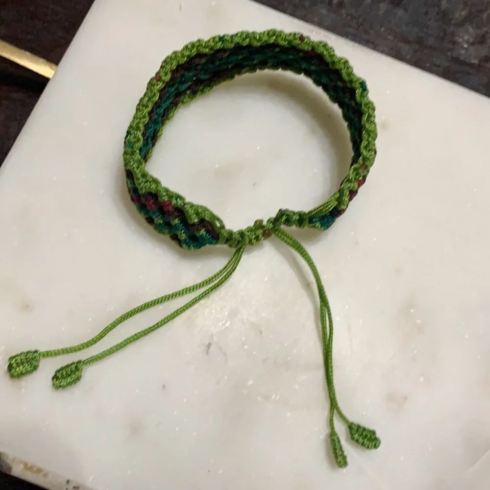 Green, maroon, olive green & burgundy handmade woven twine rope bracelet